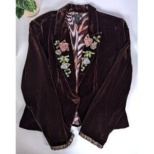 WDNY Brown Silk Velvet Ribbon Embroidery Cropped Blazer Jacket Lined Size 12